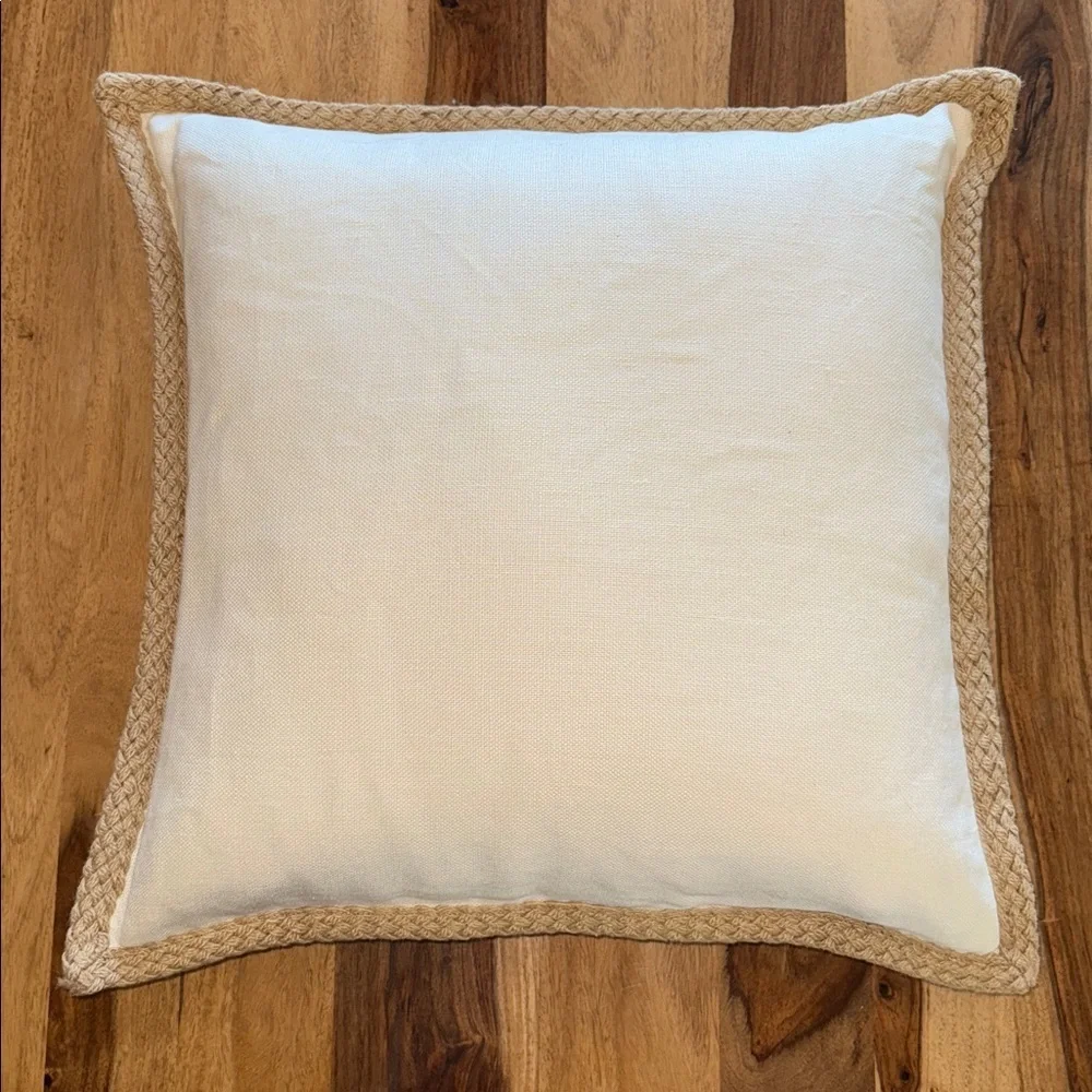 Pottery Barn Cream Linen With Jute Trim Accent Pillow With Feather Insert